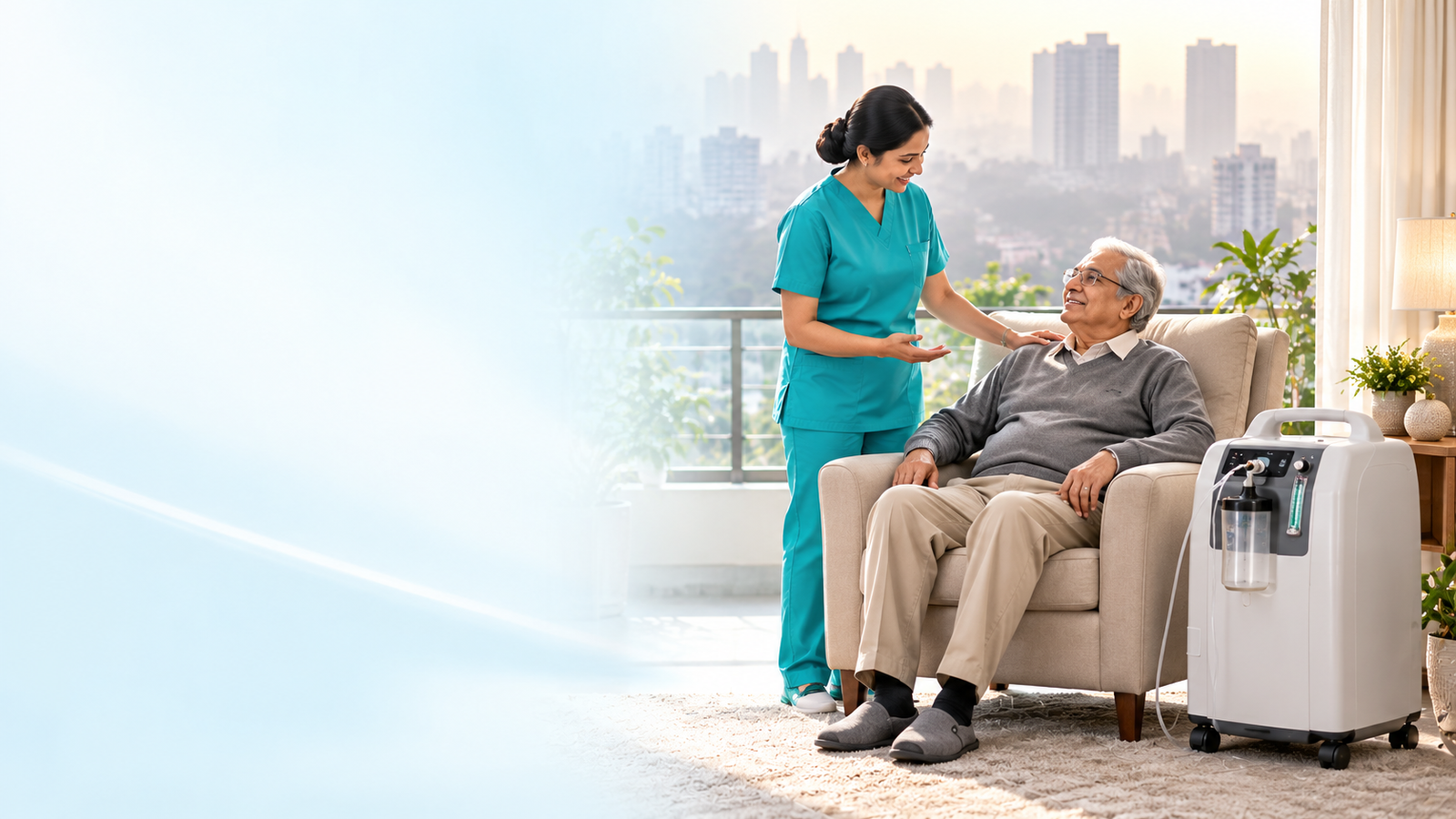 Gurgaon winter smog 2026 home oxygen concentrator guide by Sinwar Medical Equipments, with original brand logo, nurse, patient and oxygen concentrator